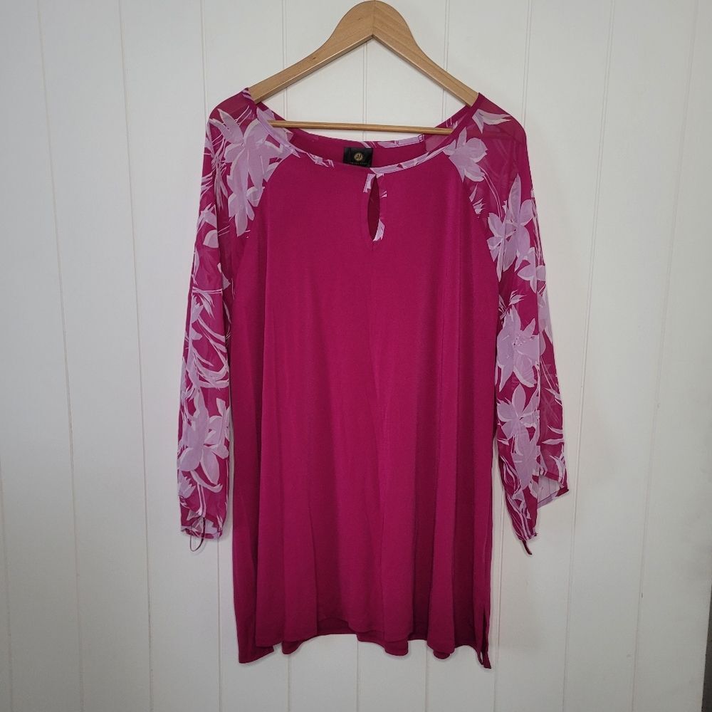 JM Collection Top Womens Plus Size 4X Pink White Floral Boho Sheer Sleeves NWOT